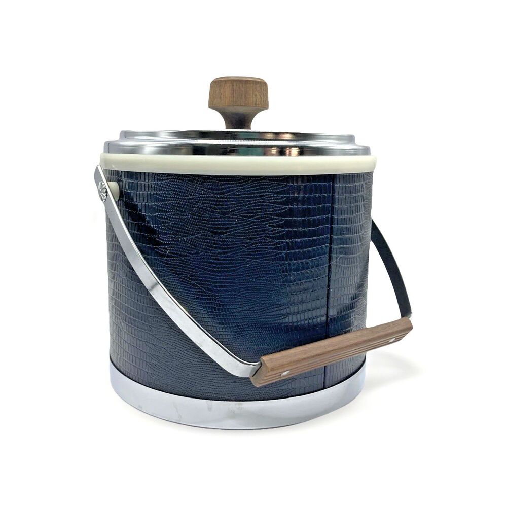 VTG Kromex Black Faux Crocodile Embossed Ice Bucket Silver Tone Handle Lid USA